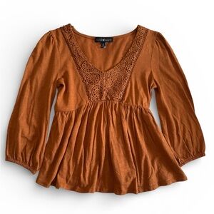 Derek Heart Burnt Orange Crochet Trim Peplum Tunic